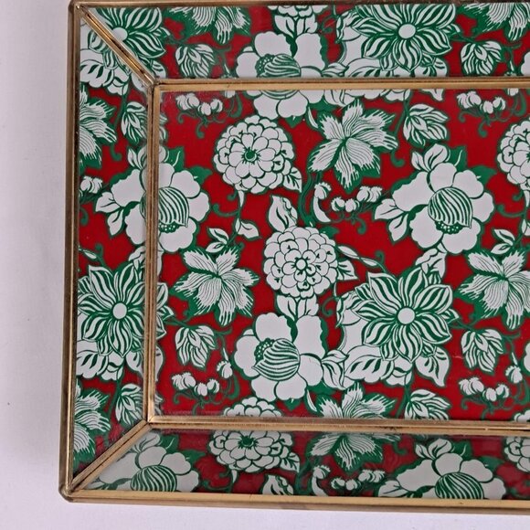 Rectangular Glass Vanity Tray Red Green White Floral Pattern & Gold Metal Trim - Picture 2 of 9